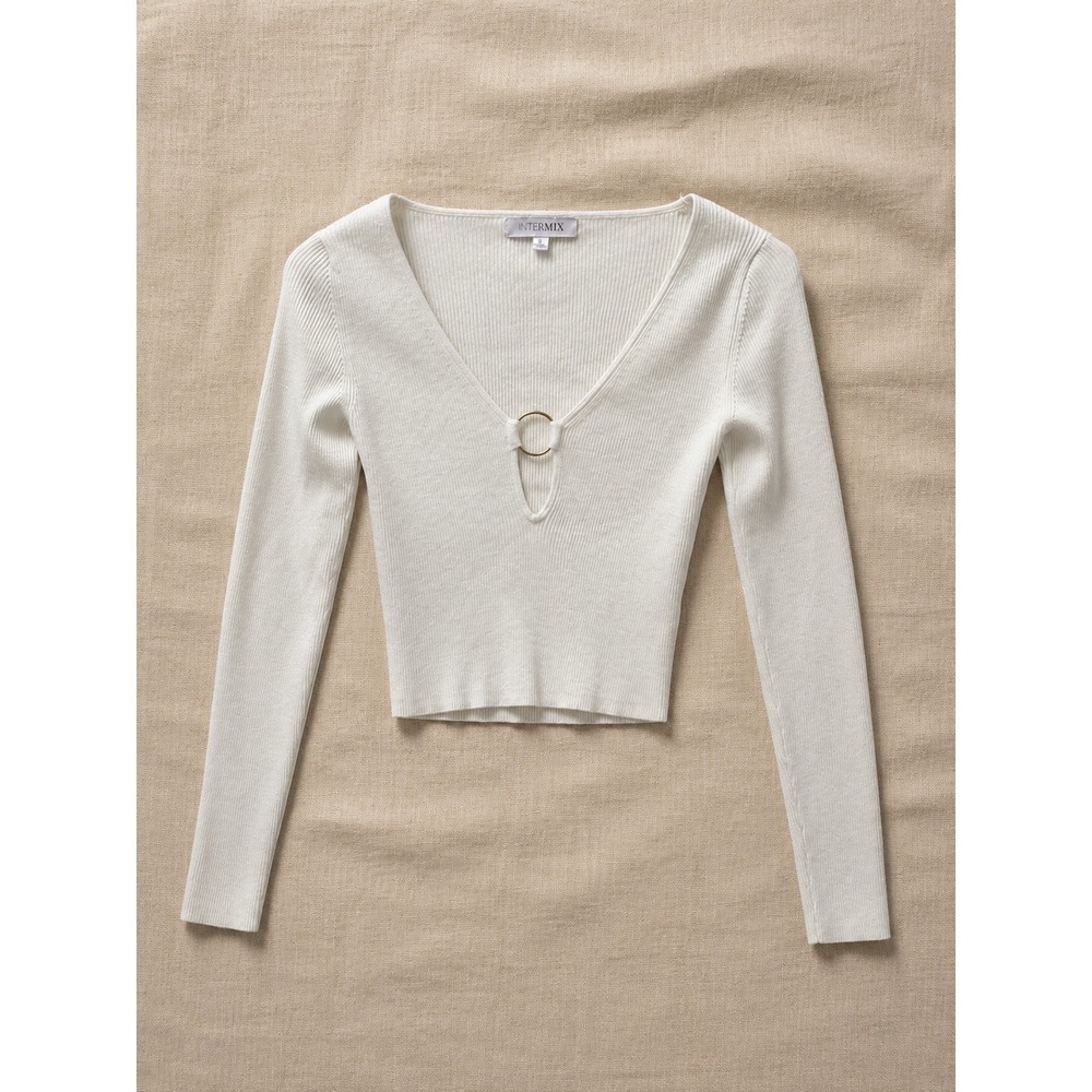 Intermix Cream Ribbed Ring Detail Crop Top Sweater Womens Size S Y2K Style